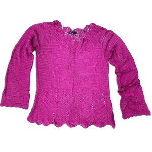 BCBG Maxazria XL Womens Pink Lace Knit Sweater Top Bell Long Sleeve Crochet Y2K